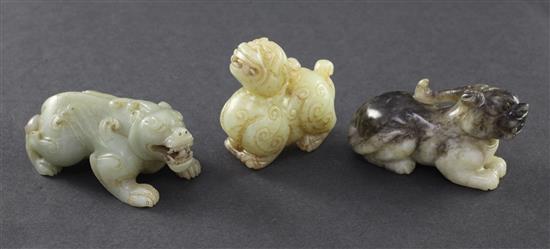 Three Chinese jade figures of mythical beasts, 19th / 20th century,